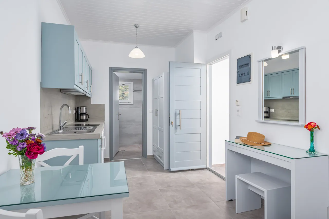 Bright studio with kitchenette, dressing table and fresh flowers
