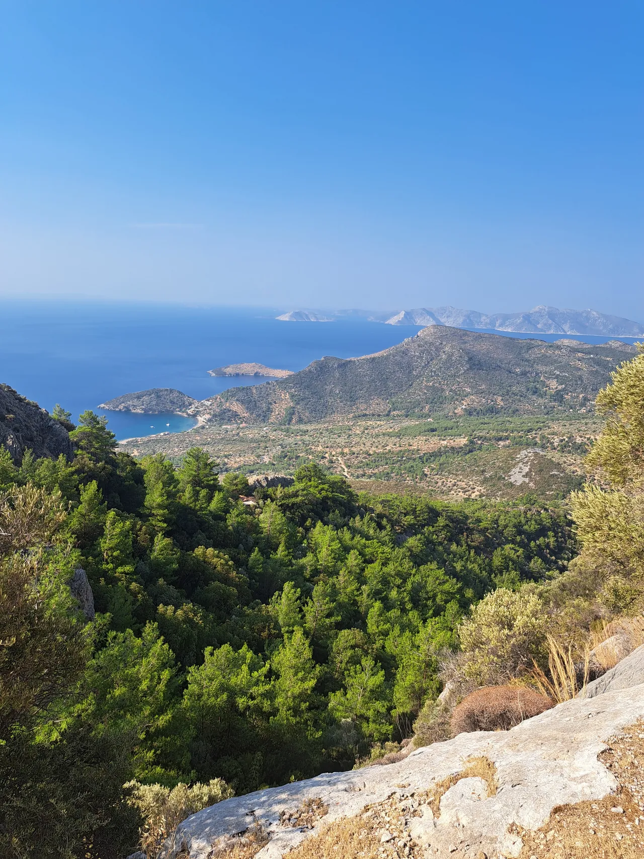 View over green hills to a bay on the coast of Samos